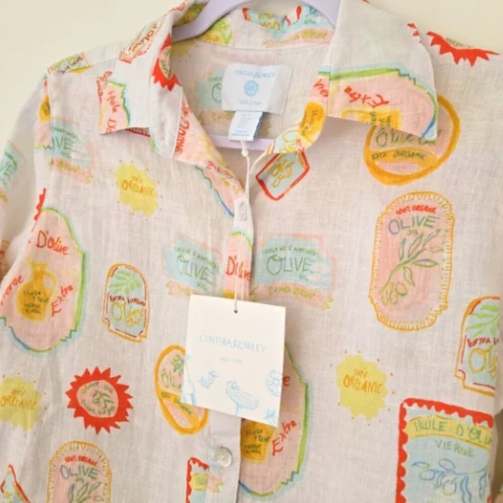 NWT Cynthia Rowley 100% Linen Olive Oil Label Print Button Down Shirt - Picture 6 of 14